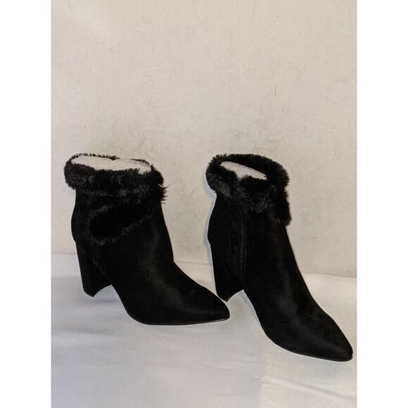 Allegra K Black Woman's Chunky Heel Fur Top Suede Ankle Boot Pointed Toe sz 8 Ne - Picture 4 of 6